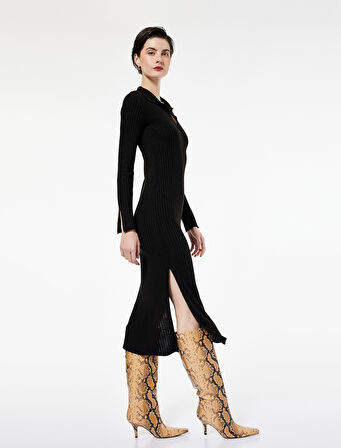 Uzun Kollu Yırtmaçlı Polo Yaka Uzun Triko Kalem Elbise