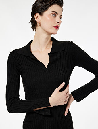 Uzun Kollu Yırtmaçlı Polo Yaka Uzun Triko Kalem Elbise