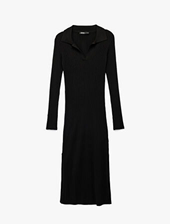 Uzun Kollu Yırtmaçlı Polo Yaka Uzun Triko Kalem Elbise