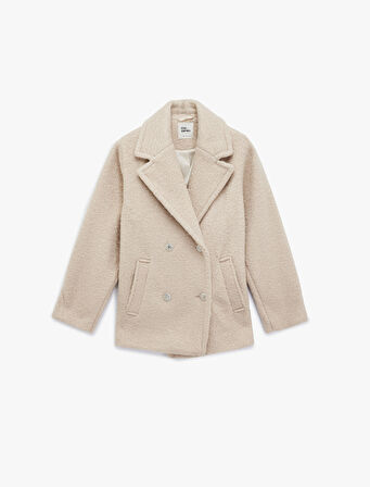 Düğmeli Cep Detaylı Kruvaze Yaka Oversize Buklet Kaban