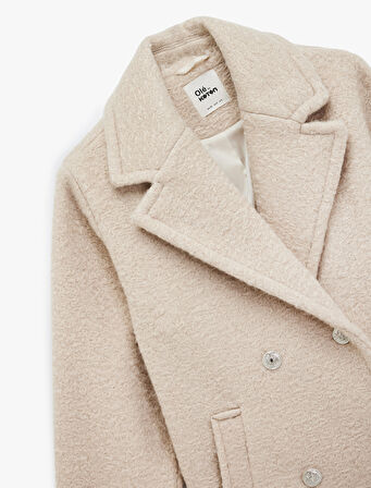 Düğmeli Cep Detaylı Kruvaze Yaka Oversize Buklet Kaban