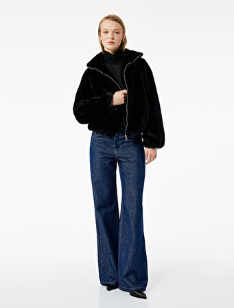 Suni Kürklü Uzun Kollu Gömlek Yaka Oversize Ceket