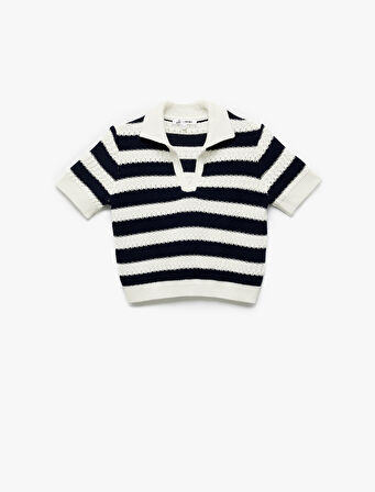 Kısa Kollu Çizgili Triko Polo Yaka Kazak