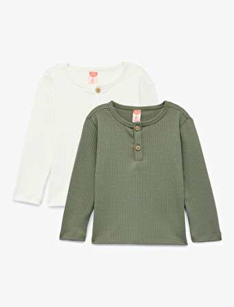 Düğmeli Uzun Kollu Bisiklet Yaka 2'li Basic Tişört Seti