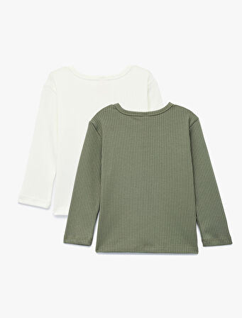 Düğmeli Uzun Kollu Bisiklet Yaka 2'li Basic Tişört Seti