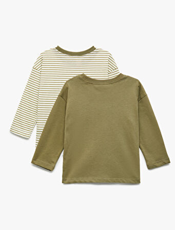 Pamuklu Uzun Kollu Bisiklet Yaka 2'li Basic Tişört Seti