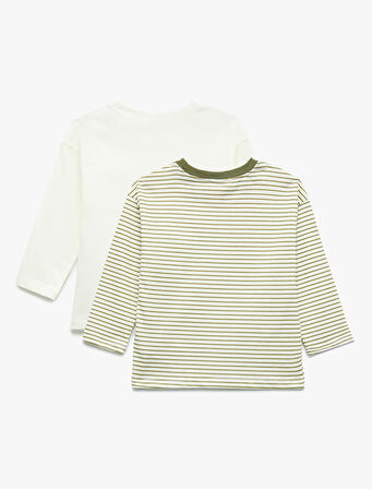 Pamuklu Uzun Kollu Bisiklet Yaka Çizgili 2'Li Tişört Seti