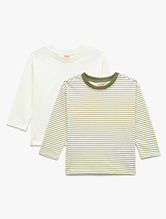 Pamuklu Uzun Kollu Bisiklet Yaka Çizgili 2'Li Tişört Seti