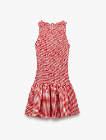 Gipeli Skinny Fit Kolsuz Bisiklet Yaka A Kesim Fırfırlı Pötikareli Mini Elbise