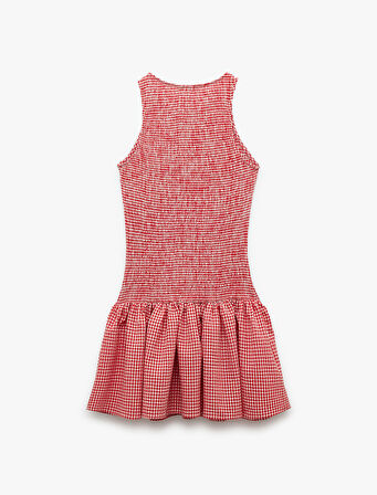 Gipeli Skinny Fit Kolsuz Bisiklet Yaka A Kesim Fırfırlı Pötikareli Mini Elbise