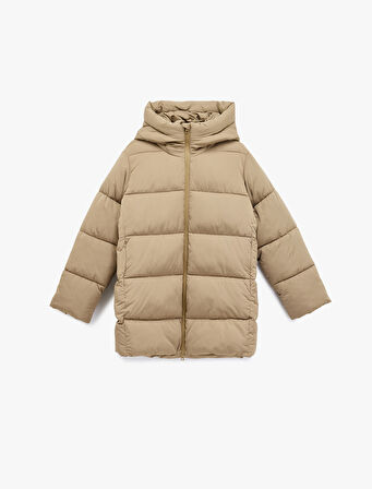 Fermuarlı Uzun Kollu Su İtici Kapüşonlu Oversize Şişme Mont