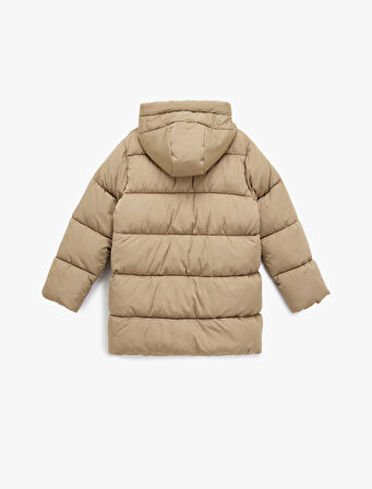 Fermuarlı Uzun Kollu Su İtici Kapüşonlu Oversize Şişme Mont