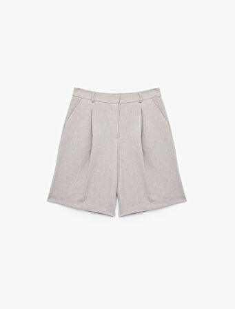 Yüksek Bel Pile Detaylı Cepli Kısa Kumaş Şort