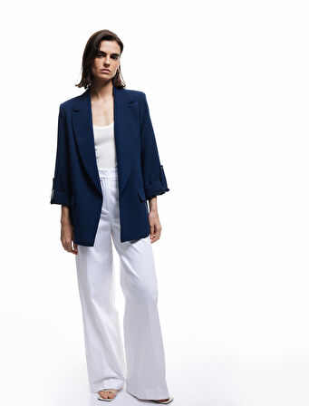 Şal Yaka Kıvırmalı 3/4 Kol Detaylı Cepli Oversize Blazer Ceket
