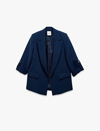 Şal Yaka Kıvırmalı 3/4 Kol Detaylı Cepli Oversize Blazer Ceket