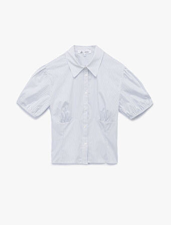 Pamuklu Klasik Yaka Kısa Kollu Düğmeli Balon Kollu Poplin Crop Gömlek