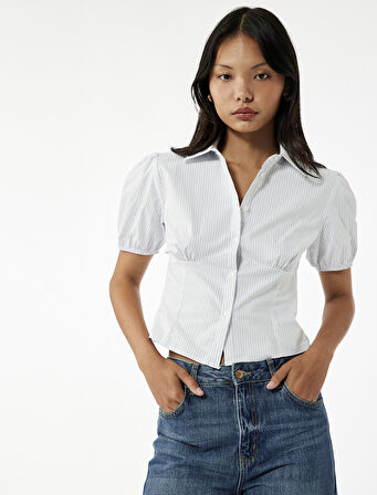 Pamuklu Klasik Yaka Kısa Kollu Düğmeli Balon Kollu Poplin Crop Gömlek