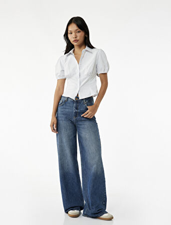 Pamuklu Klasik Yaka Kısa Kollu Düğmeli Balon Kollu Poplin Crop Gömlek