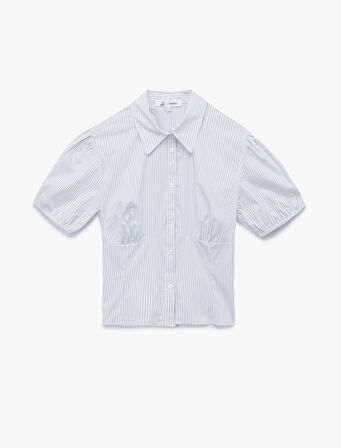 Pamuklu Klasik Yaka Kısa Kollu Düğmeli Balon Kollu Poplin Crop Gömlek