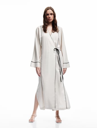 Viskon Keten Karışımlı Bol Kalıp Uzun Kollu Kruvaze Kimono Elbise
