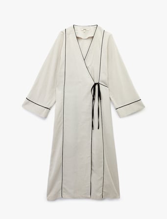 Viskon Keten Karışımlı Bol Kalıp Uzun Kollu Kruvaze Kimono Elbise