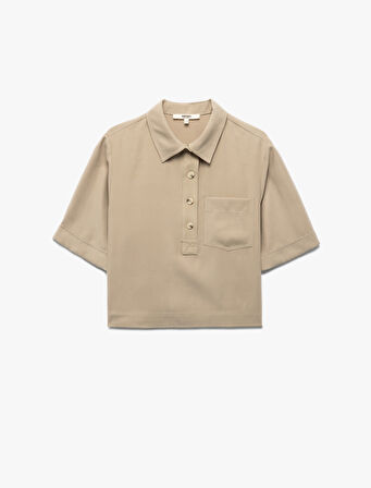 Viskon Cupro Kumaş Düğmeli Cep Detaylı Kısa Kollu Polo Yaka Crop Tişört