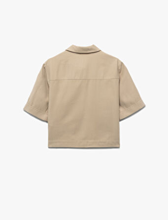 Viskon Cupro Kumaş Düğmeli Cep Detaylı Kısa Kollu Polo Yaka Crop Tişört