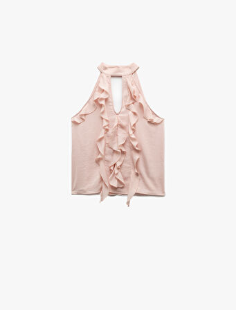 Aerobin Kumaş Kolsuz Halter Yaka Fırfırlı Bluz