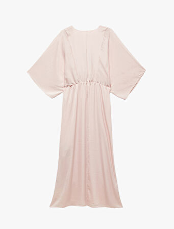 Aerobin Kumaş Bol Kalıp Kruvaze Yaka Yarım Yarasa Kollu Uzun Saten Elbise