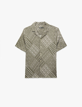 Regular Fit Kısa Kollu Devrik Yaka Etnik Desenli Gömlek