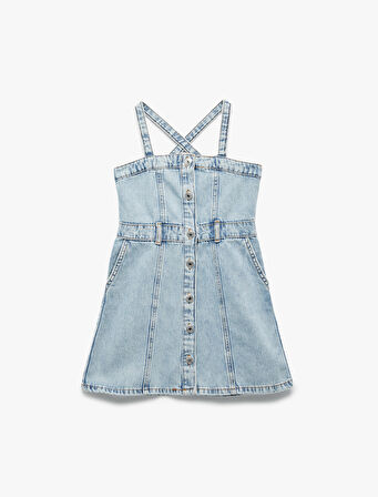 Pamuklu Askılı Düğmeli Cepli Denim Elbise