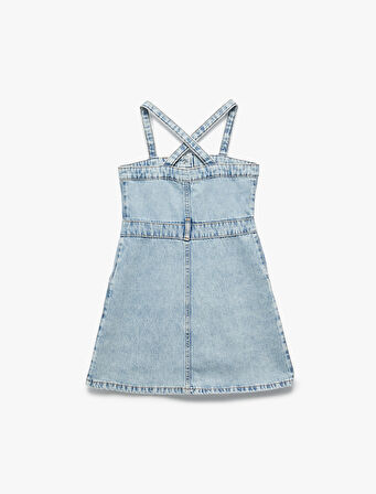Pamuklu Askılı Düğmeli Cepli Denim Elbise