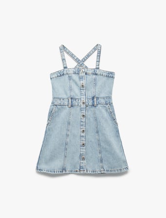 Pamuklu Askılı Düğmeli Cepli Denim Elbise