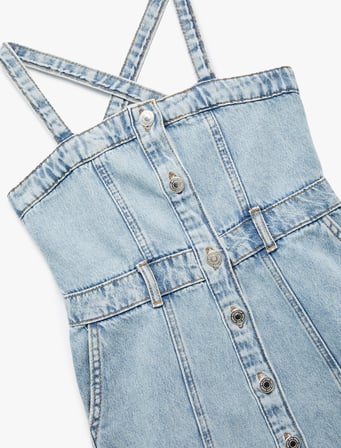 Pamuklu Askılı Düğmeli Cepli Denim Elbise
