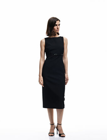 Slim Fit Kolsuz Bisiklet Yaka Kemerli Midi Boy Kalem Elbise