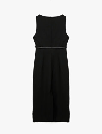 Slim Fit Kolsuz Bisiklet Yaka Kemerli Midi Boy Kalem Elbise