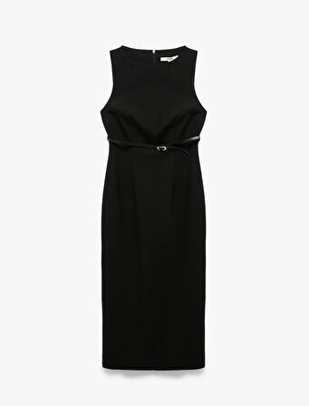 Slim Fit Kolsuz Bisiklet Yaka Kemerli Midi Boy Kalem Elbise