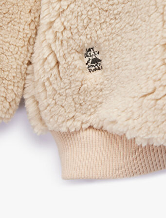 Dik Yaka Kumaş Detaylı Uzun Kollu Kanguru Peluş Mont