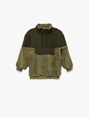 Dik Yaka Kumaş Detaylı Uzun Kollu Kanguru Peluş Mont