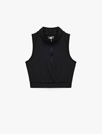 Fermuar Detaylı Dik Yaka Kolsuz Sporcu Sütyeni