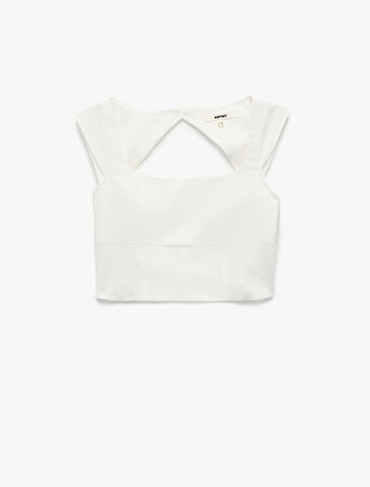 Arkası Pencere Detaylı Kare Yaka Kolsuz Keten Crop Bluz