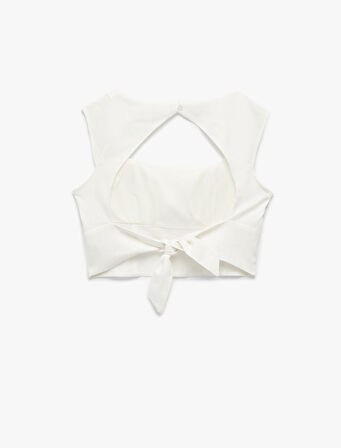 Arkası Pencere Detaylı Kare Yaka Kolsuz Keten Crop Bluz