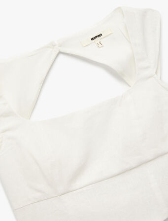 Arkası Pencere Detaylı Kare Yaka Kolsuz Keten Crop Bluz