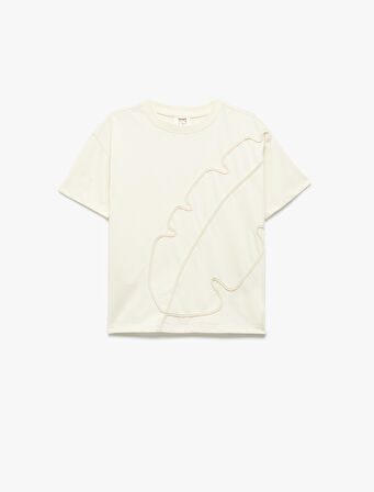 Pamuklu Kısa Kollu Bisiklet Yaka Yaprak Desenli Tişört