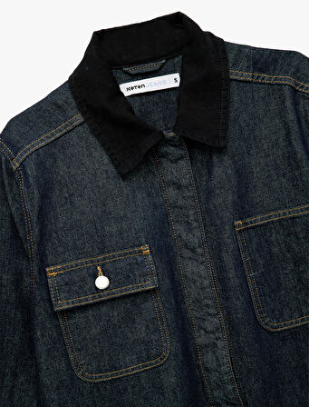 Uzun Kollu Cep Detaylı Gömlek Yaka Denim Ceket