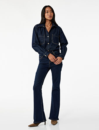 Cep Detaylı Uzun Kollu Klasik Yaka Denim Gömlek