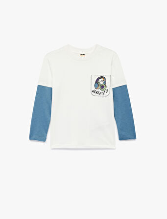 Pamuklu Uzun Takma Kollu Bisiklet Yaka Baskılı Tişört