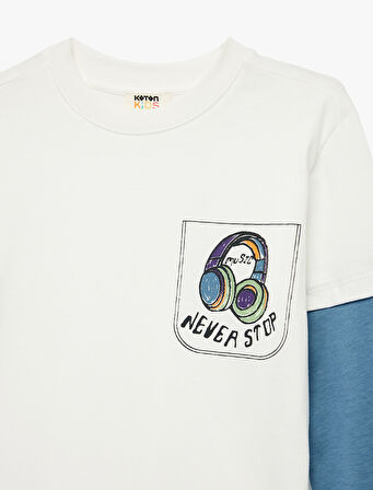 Pamuklu Uzun Takma Kollu Bisiklet Yaka Baskılı Tişört