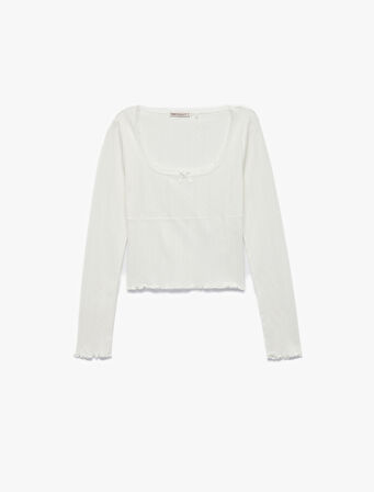 Pamuklu Slim Fit Uzun Kollu U Yaka Crop Pijama Üstü