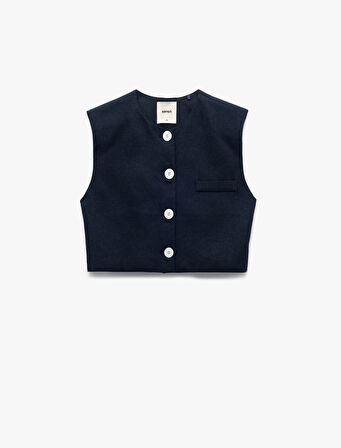 Kolsuz Cepli Bisiklet Yaka Düğmeli Kısa Keten Yelek